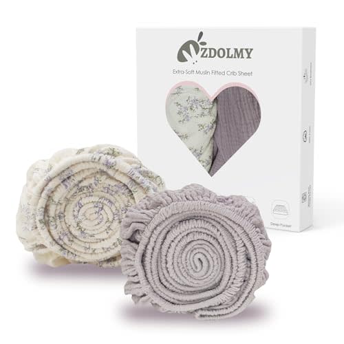 Zdolmy Muslin Crib Sheets for Girl Boy, 2 Pack 100% Cotton Crib Sheet for Standard Crib Mattress(28"x 52"), Fitted and Soft Breathable Crib Mattress Sheet, 360° Wrapping (Blossom & Purple)