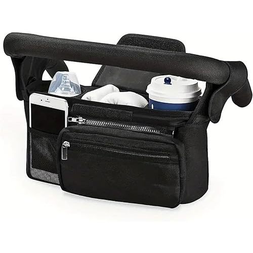 GajetNest Universal Stroller Organizer with Insulated Cup Holder Detachable Phone Bag and Carry Strap Fits Uppababy, Baby Jogger, Britax, BOB, Umbrella and Pet Stroller and more (Black)