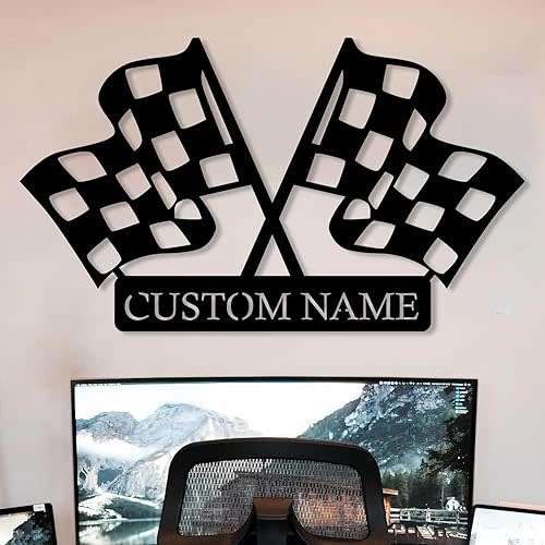 Custom Checkered Flag Racing Sign, Checkered Flag Monogram, Personalized Gift for Racer, Custom Start Finish Flag Name Sign, Racing Flag Metal Wall Art, Gift for Dad, Father, Grandpa, Home Decoration