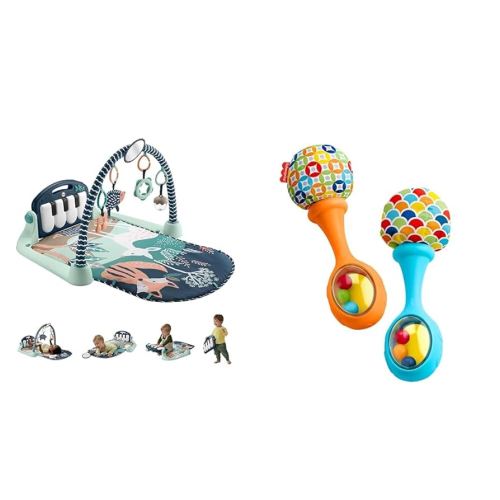 FISHER-PRICE BABY Playmat Kick & Play Piano Gym with Musical and Sensory Toys for Newborn to Toddler, Navy Fawn & Newborn Toys Rattle 'n Rock Maracas, Set of 2 Soft Musical Instruments