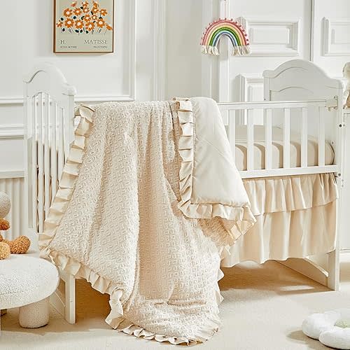 3 Pieces Tufted Crib Bedding Set with Ruffle Fringe, Beige Ruffled Comforter with Fitted Sheet and Bed Skirt , Soft and Embroidery Shabby Chic Boho Bohemian Jacquard Design for Baby Girls Boys