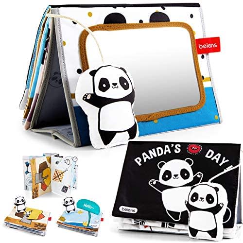 beiens Soft Baby Books, Panda High Contrast Black White Books, Touch and Feel Non-Toxic Crinkle Cloth Books with Tummy Time Mirror, Activity Development Floor Toys Gifts for Newborn, Infant