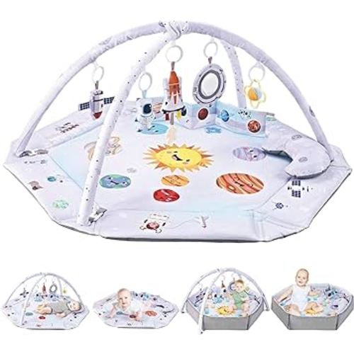 Baby Gym Play Mat,7-in-1 Tummy Time Mat & Ball Pit with 6 Toys,Washable Baby Activity Play Mat for Sensory and Motor Skill Development Language Discovery,Baby Toys Gift for Toddler Infant