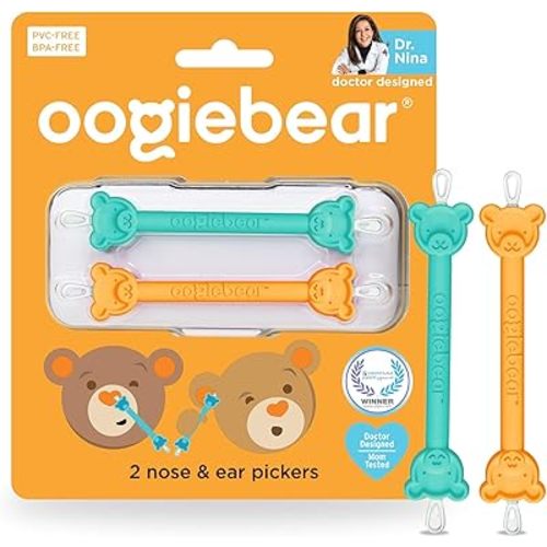 oogiebear: Baby Nose Cleaner & Ear Wax Removal Tool - Safe Booger & Earwax Removal for Newborns, Infants, Toddlers - Dual-Ended - Essential Baby Stuff, Diaper Bag Must-Have, Orange & Seafoam with case