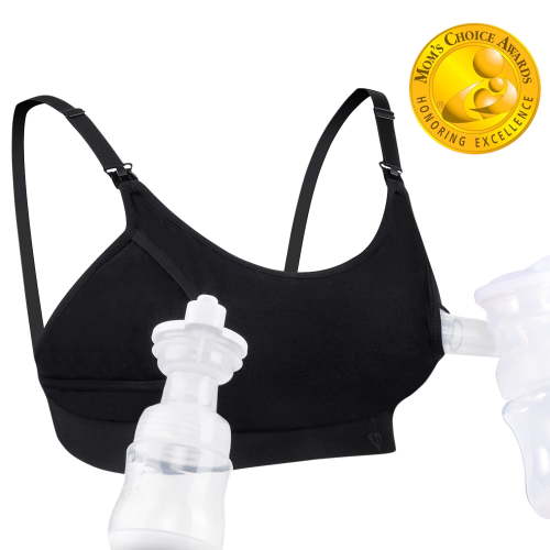 Momcozy Breast Pump Bra (Black/ Beige) Hands Free Pumping and Nursing Bra for Most Breast Pumps Large HSA/FSA Eligible