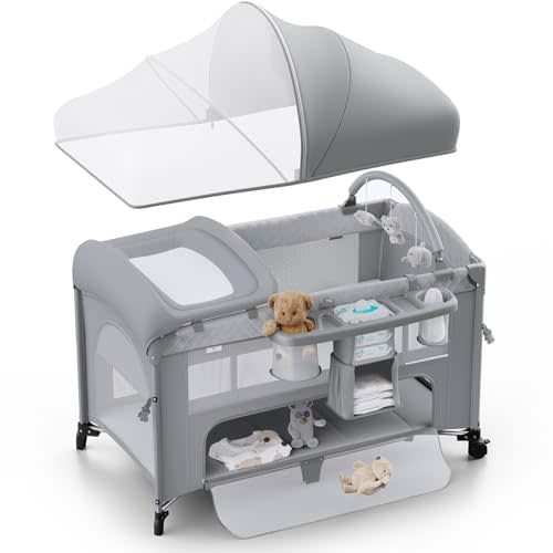 Obee Odee 4 in 1 Baby Bassinet, Pack and Play, Bedside Crib Sleeper, Diaper Changer - Comes with Mattress, Mosquito Net,Bottom Storage and Toy Bar for Newborn to Toddles
