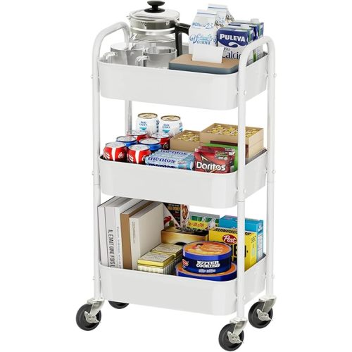 Simple Trending 3 Tier Metal Cart on Wheels, Heavy Duty Rolling Storage Cart for Kitchen to Organize Books Snacks Tools, White
