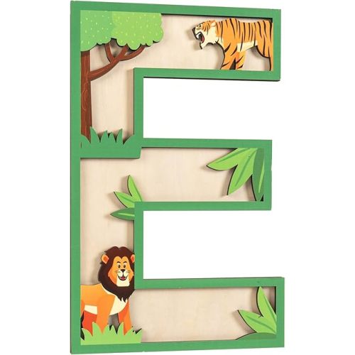 3D Layered Safari Nursery Wooden Letters for Wall Decor, 11.8" Green Large Baby Name Sign for Nursery, Animal Wood Alphabet Letter E Kids Room Initials for Front Door Shelf Home Decorations