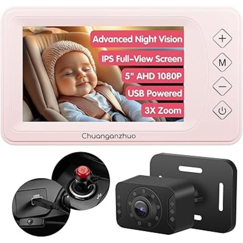 Baby Car Camera with Advanced Night Vision, AHD 1080P 5inch IPS Full View Car Baby Monitor, Carseat Camera for Kids Infants Rear Facing Mirror, USB Powered, 5inch, Light Pink
