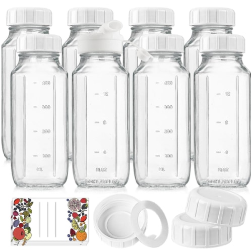 8 Pack 16 Oz Reusable Glass Milk Bottles w 100% Airtight Heavy Duty SCREW Lid w Silicone Gasket - Glass Juice Bottles w Capacity Mark - Glass Beverage Drinking Jar Juice Container(Extra 2 Lid)