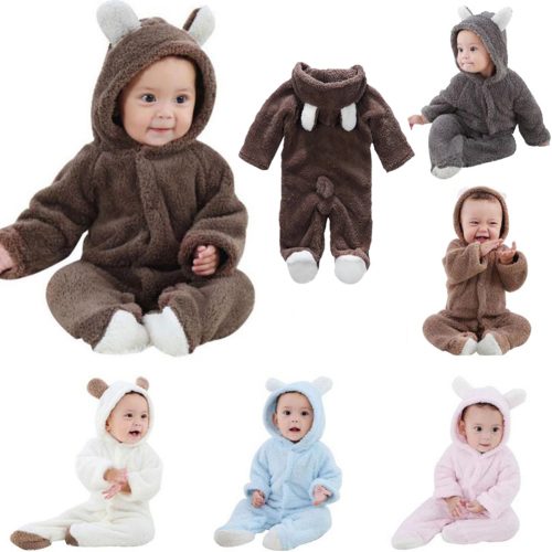 Winter Warm Newborn Baby Boy Girl Fleece Jumpsuit Hooded Romper Coat Outwear Dark Brown 0-3 Months