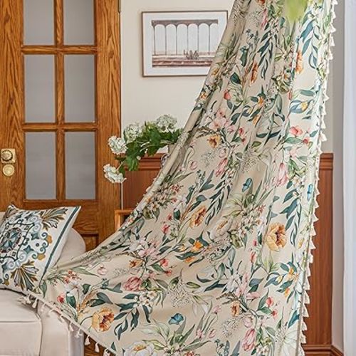 Boho Floral Curtains French Country Farmhouse Curtains 96 Inches Long Light Filtering Window Rod Pocket Drapes for Living Room 2 Panels-Green Floral
