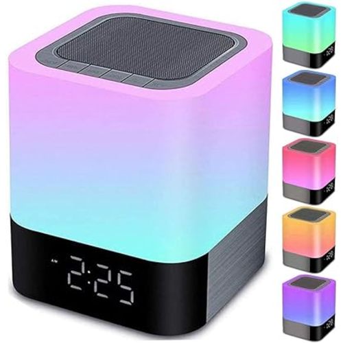 Night Lights Bluetooth Speaker, Alarm Clock Touch Sensor Dimmable Multi-Color Changing Bedside Lamp, MP3 Player, Wireless