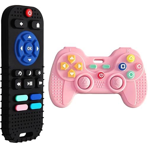 2 Pack Remote Teether for Baby, Silicone Teethers for Babies 6-12 Months, Baby Teething Toys for Babies 0-6 Months, Remote Control Toy, Infant Gifts for Boys Girls