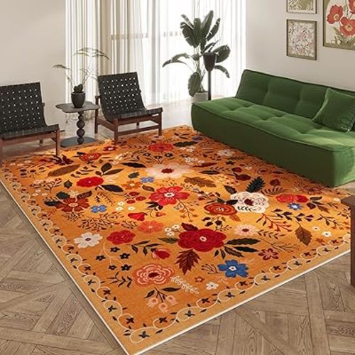 Area Rugs 8x10 Rug for Living Room Clearance Washable Boho Area Rug Non Slip Floral Vintage Low Pile Large Rug for Living Room, Bedroom, Farmhouse, Dining Room, Kids Playroom(Yellow)
