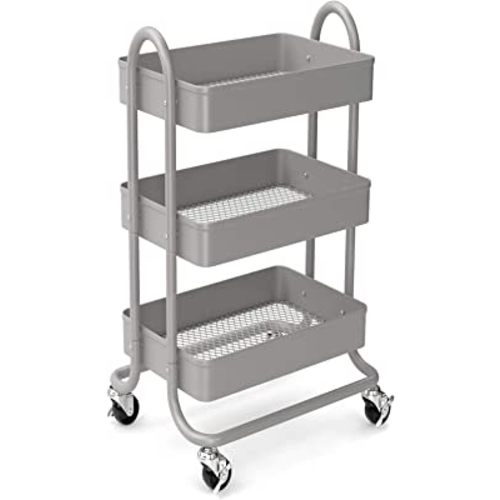 3-Tier Rolling Metal Storage Organizer - Mobile Utility Rolling Storage Cart, Kitchen Cart with Caster Wheels (Grey)