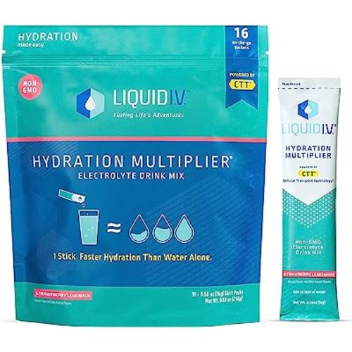 Liquid I.V. Hydration Multiplier - Strawberry Lemonade - Hydration Powder Packets | Electrolyte Powder Drink Mix | Easy Open Single-Serving Sticks | Non-GMO |1 Pack (16 Servings)