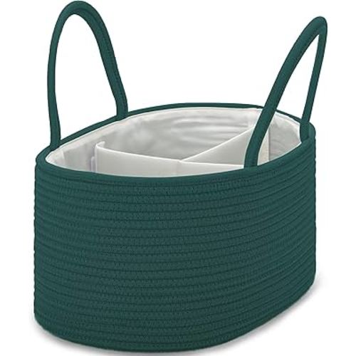 COMSE Large Baby Diaper Caddy Organizer for Girl Boy, Car Caddy with Handles, Cotton Rope Basket for Changing Table, Nursery Organizer, Gift for Baby Shower and Registry Must Have, Dark Green