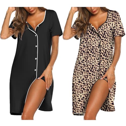Ekouaer Nightgowns for Women 2 Pack Button Down Sleepshirt Short Sleeve Nightshirt Soft Sleepwear V Neck Pajama Dress