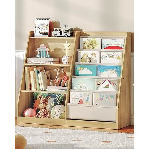 4-Tier Wooden Kids Bookshelf, Toddler Bookshelf with 6 Layer Fabric Sling Book Shelf, Kids Book Shelves and Toy Storage, for Kids Room, Playroom, Nursery, Classroom, Natural and White MCW05NL