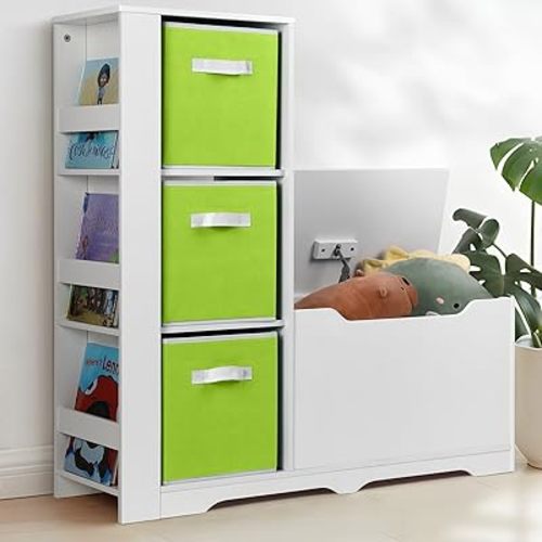Cowiewie Kids Bookshelf with Reading Nook, Kids Toy Storage Organizers with Safety Hinged Seat, Montessori Wooden Storage Organizer Bench for Bedroom, Playroom and Bedroom - Green