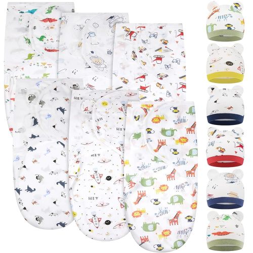 Ramede 6 Pack Baby Swaddle Blanket with Hats Sleep Swaddle for 0-3 Months Newborn Sacks Soft Cotton Wearable for Boy Girl