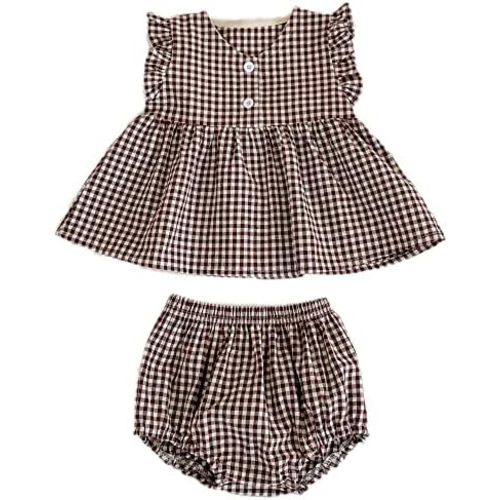 Ashmyova Baby Girls Summer Shorts Sets Infant Plaid Ruffle Sleeveless Tops Bloomer 2PCS Outfits