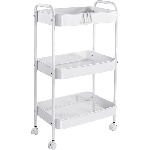 Vtopmart 3 Tier Metal Rolling Cart with Wheels, Utility Storage Cart with Handle and Lockable Casters, Storage Basket Organizer Shelves, Easy Assemble for Kitchen, Living Room, Office, Nursery, White