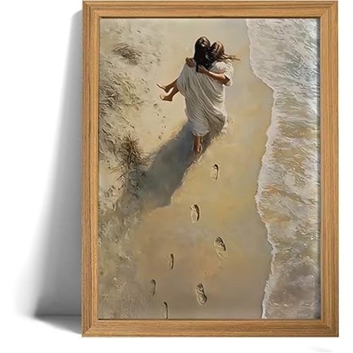 Jesus Holding Woman Wall Art Christian Religious Canvas Print Jesus Walking on The Beach Picture Prints God Wall Gift Painting Poster for Christian Living Room Bedroom Wall Decor，Wood Frame 12x16in