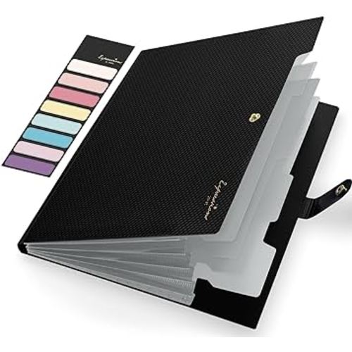 Sooez Expanding File Folder, Letter Size Accordion File Organizer, 5 Pocket Folders for Documents, Cute Folder with Labels, Portable Paper Organizer for School Office Supplies, A4 Size, Black