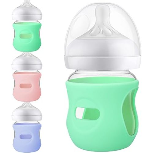 3 Pack Silicone Sleeve for Avent Glass Bottle 4 Ounce,Natural Silicone Bottle Cover for Glass Anti Colic Bottles 4 OZ