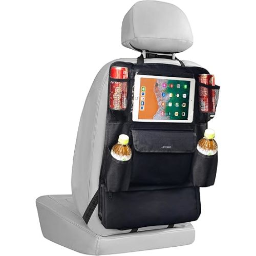 LUCMO Car Backseat Organizer with Touch Screen Tablet Holder,9 Storage Pockets Protectors Kick Mats Travel Accessories for Kids-Black