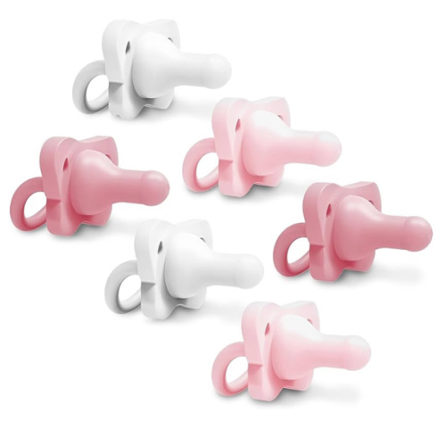Dr. Brown's HappyPaci 100% Silicone Baby Pacifier, Contoured One-Piece Design, Pink, White, Light Pink, 0-6m, BPA-Free, 6 Pack