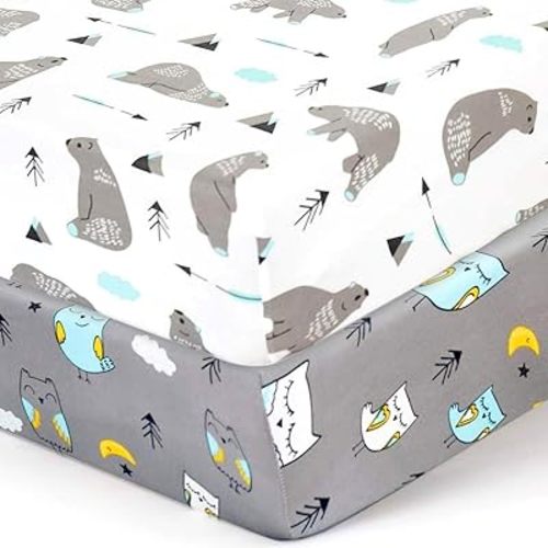 Pack n Play Sheets, BROLEX 2 Pack Mini Crib Sheets,Stretchy Portable Fitted Playard Sheet Set, Convertible Playard Mattress Cover,Ultra Soft Breathable Material,Owl & Bear