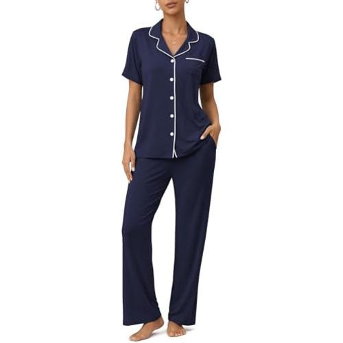 Womens Pajamas Sets 2 Piece Button Up Pj Sets Short Sleeve with Long Pant