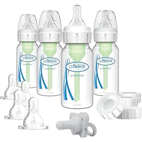 Dr. Brown's Anti-Colic Breast to Bottle Feeding Set with Slow Flow Nipples, Travel Caps, and Silicone Pacifier - Gray