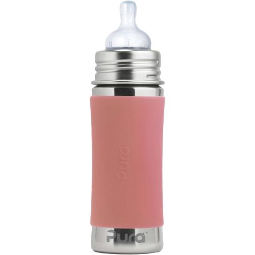 Pura Kiki 9oz/275ml Stainless Steel Infant Bottle w/Sleeve, Anti-Colic, 100% Plastic-Free, MadeSafe Certified, Medical-Grade Silicone, Medium-Flow Nipple, for Babies 3 Months & Up (Rose)