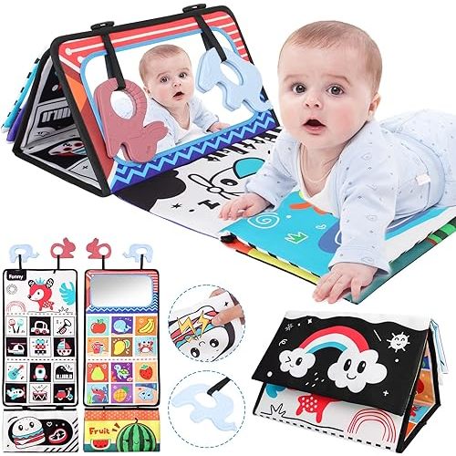 BEBOAN Baby Tummy Time Mirror with Teethers, Toddler Montessori Toys, High Contrast Baby Books, Newborn Infant Sensory Toy for 0-12 Months