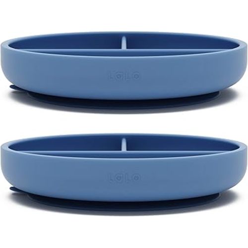 Lalo Suction Plates - 2 Pack, 100% Silicone Non-Toxic BPA-Free Baby Plates with Suction Base To Prevent Accidental Tip-Overs - Suction Plates for Toddlers With Three Divided Sections - Blueberry