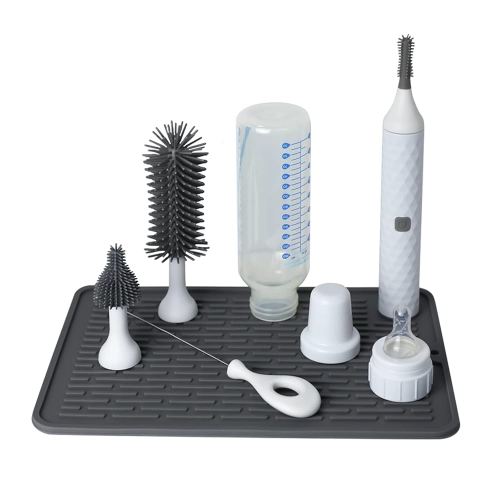 Cleaning Brush Set with USB Rechargeable Electric Bottle Brush, 3-Piece Replaceable Silicone Bottle Brush and 8 * 12 inch Silicone Drying mat,Straw Brush Included in Storage Box(White)