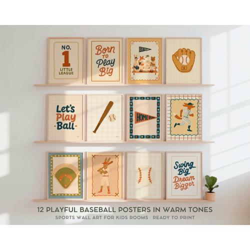 Baseball Wall Art Set Kids Room Decor Sports Poster Pack Boho Playroom Print Whimsical Animal Nursery Scandi Boys Bedroom Artwork Montessori