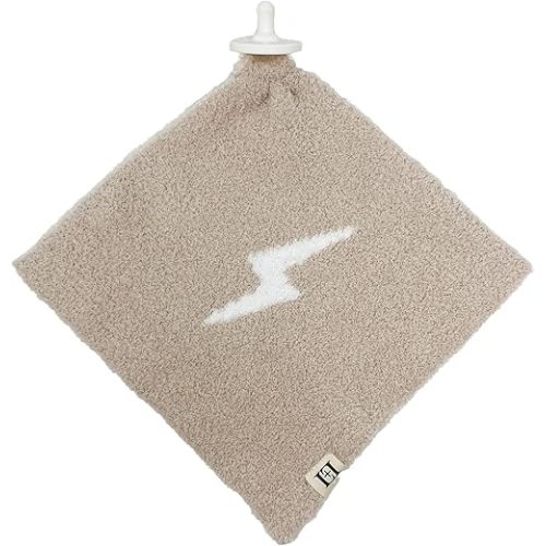 L+L USA Lightning Bolt Baby Lovey Pacifier/Teether Holder 10"x10" - DreamSoft Plush Fluffy Cuddly Soothie Reversible Mini Comfort Blanket - Cute Newborn Gift Essential Babies Boys Girls (Tan/White)