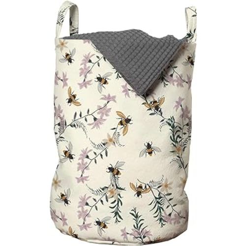 Ambesonne Floral Laundry Bag, Vintage Craftwork Look Honey Bee Flowers Petals Print, Hamper Basket with Handles Drawstring Closure for Laundromats, 13" x 19", Ivory Lilac