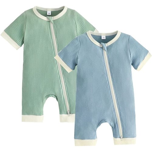 Bafeicao Unisex Baby Boy Girl 2 Pack Rompers Short Sleeve Two Way Zipper Romper One Piece Jumpsuits Clothes Sets