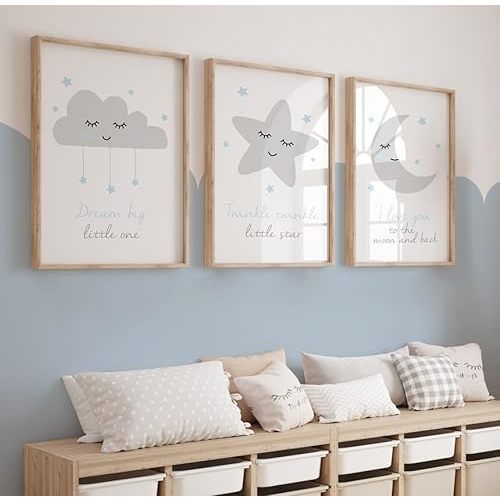 DOLUDO Nursery Wall Art Set of 3 Prints I Love You To The Moon And Back Poster Painting Gray Stars Moon Clouds Canvas Pictures for Gender Neutral Nursery Decor With Inner Frame