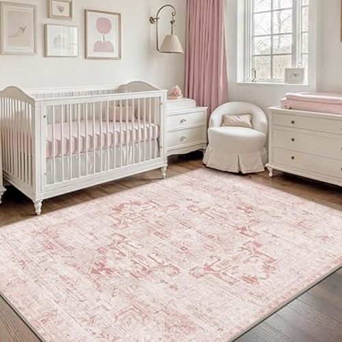 GENIMO 5x7 Area Rugs for Living Room, Machine Washable Non Slip Vintage Retro Rugs, Low Pile Lightweight Thin Print Rug for Bedroom, Dining Room, Home Office, Boho Pink