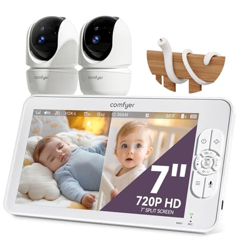 Comfyer 7" Split-Screen Baby Monitor with 2 1080P Cameras, 720P HD No WiFi Monitor with a Flexible Bracket, 6000mAh Battery, VOX Mode, 2 Way Audio, Remote PTZ, Auto Night Vision