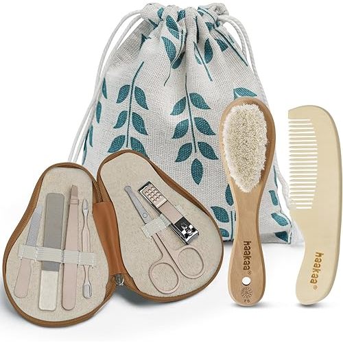 haakaa Baby Hair Brush and Comb Set & Pear-FECT Manicure Kit for Newborns & Toddlers, Natural Soft Goat Bristles and Wooden Handle, Baby Healthcare and Grooming Kit, Baby Nail Clippers, Coffee