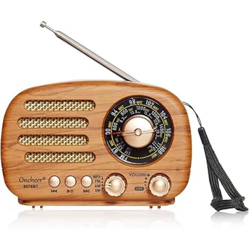 Oncheer Portable Vintage Retro Bluetooth Speaker Radio with FM/AM/SW Bands, Adjustable Antenna, Rechargeable Battery Powered, Support TF Card and USB, Light Color