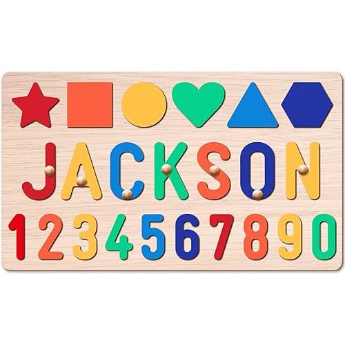 Personalized Name Puzzle for Kids, Personalized Baby Gifts Name Puzzles for Toddlers 1-3, 1st Birthday for Girls & Boys Wooden Alphabet & Shape Puzzle Montessor Toys for Kids